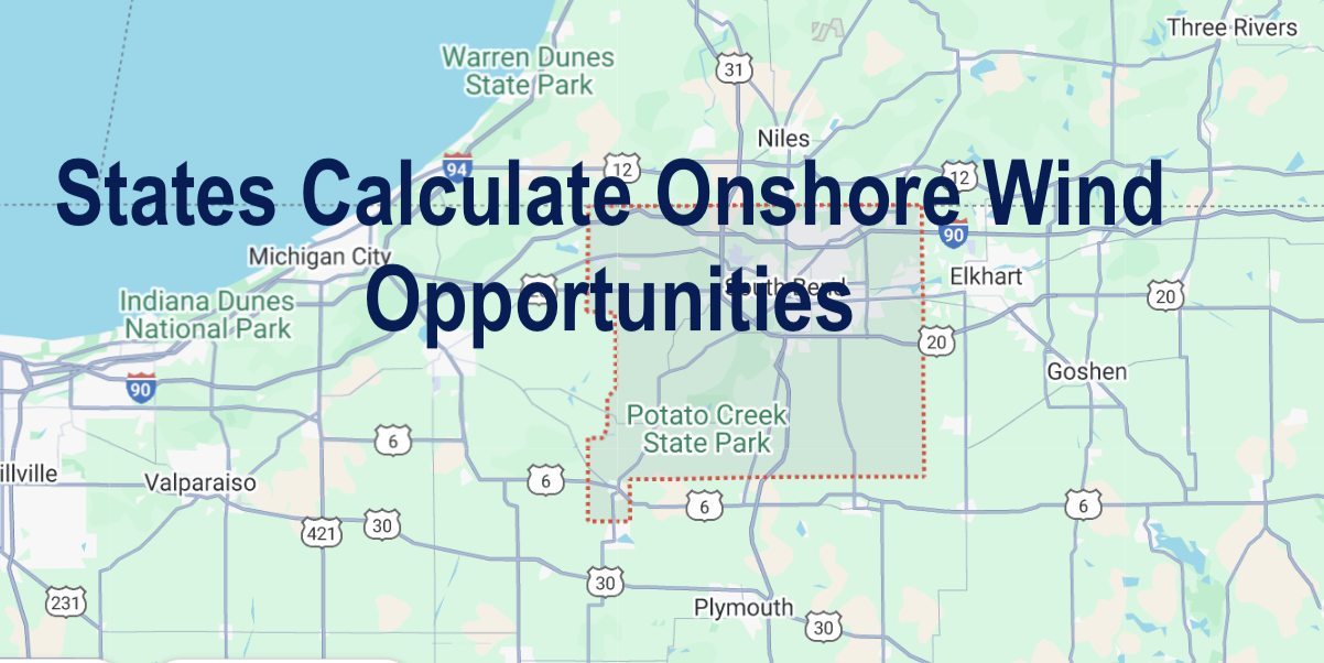 map of Indiana with text overlay "states calculate onshore wind opportunities"